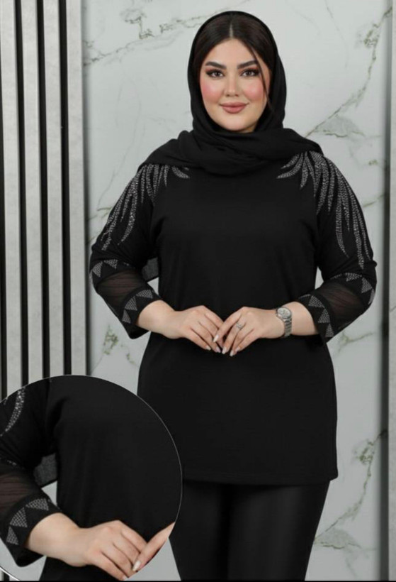 تونیک آستین سه ربع توری سرشانه نگین ویسکوز نخ ۳۸ تا ۴۸